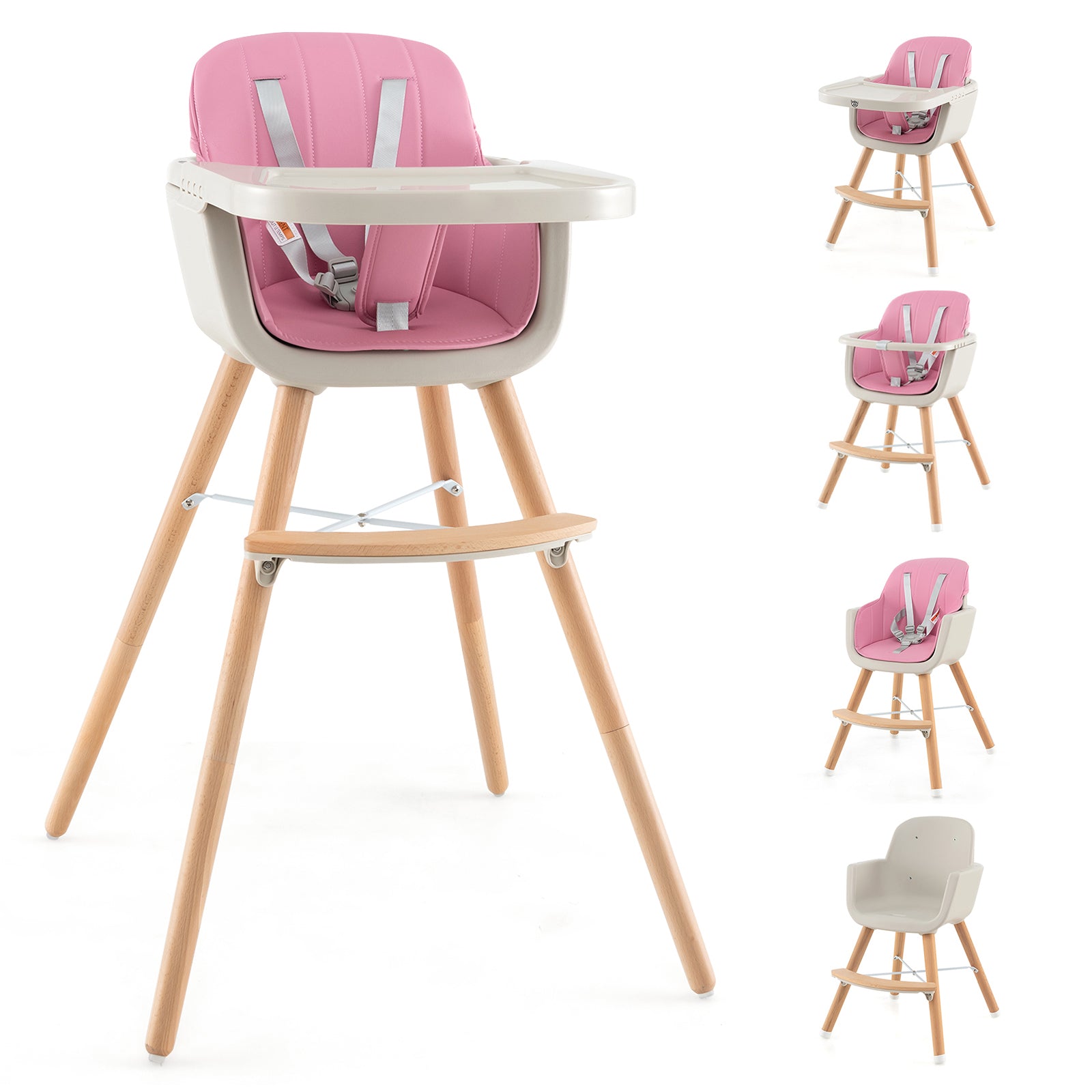 3-In-1 Convertible Wooden High Chair With Cushion, Pink High Chairs at Gallery Canada