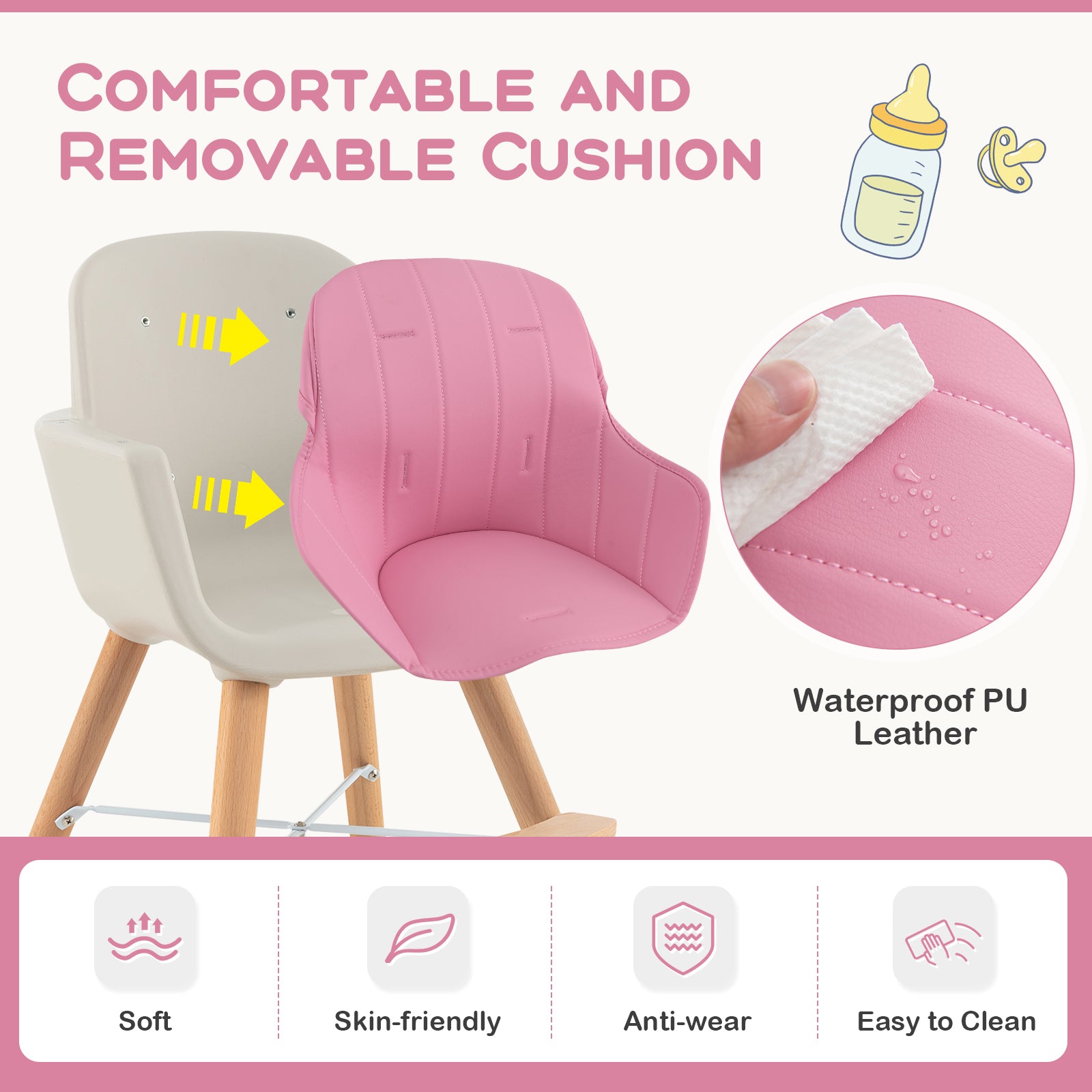 3-In-1 Convertible Wooden High Chair With Cushion, Pink High Chairs at Gallery Canada