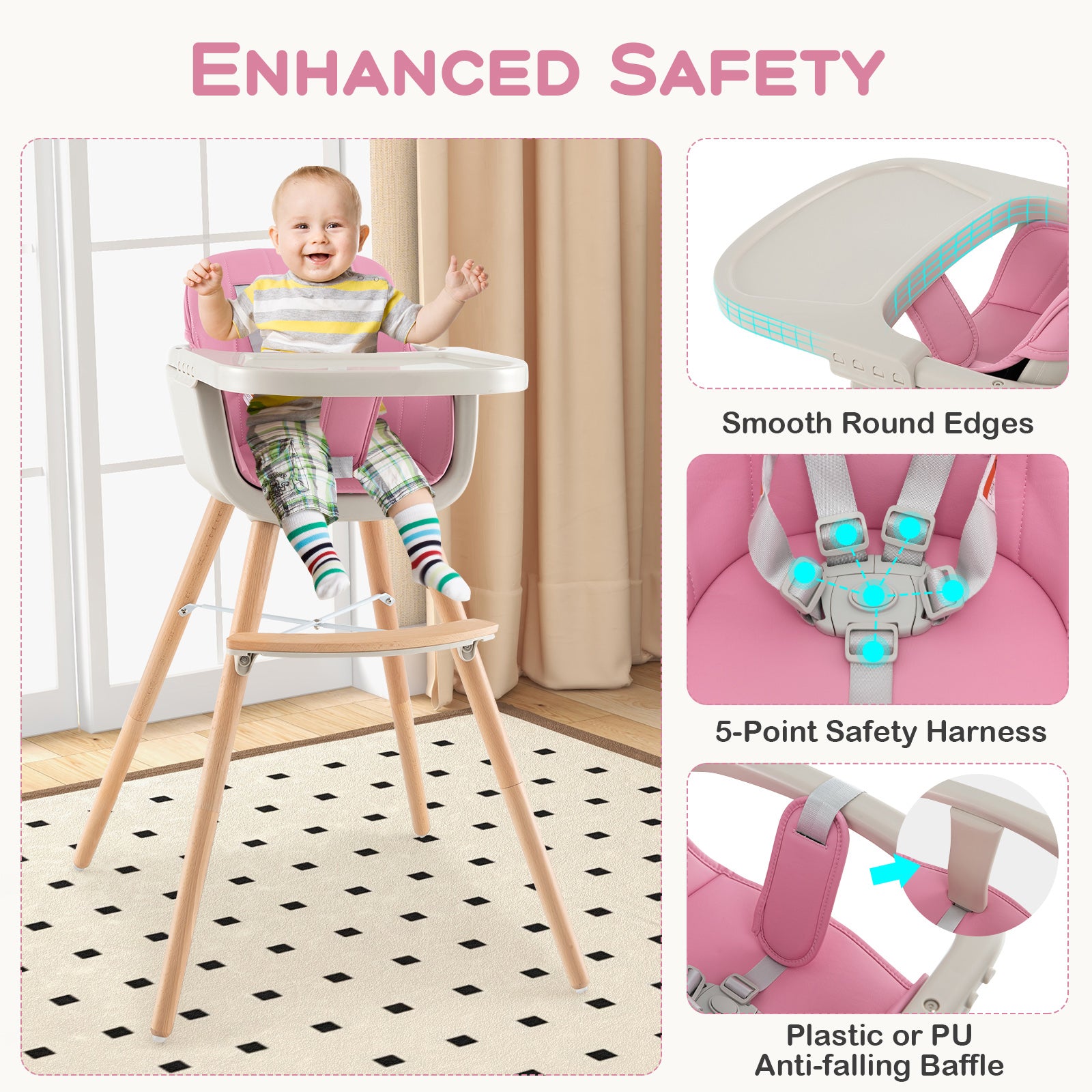 3-In-1 Convertible Wooden High Chair With Cushion, Pink High Chairs at Gallery Canada
