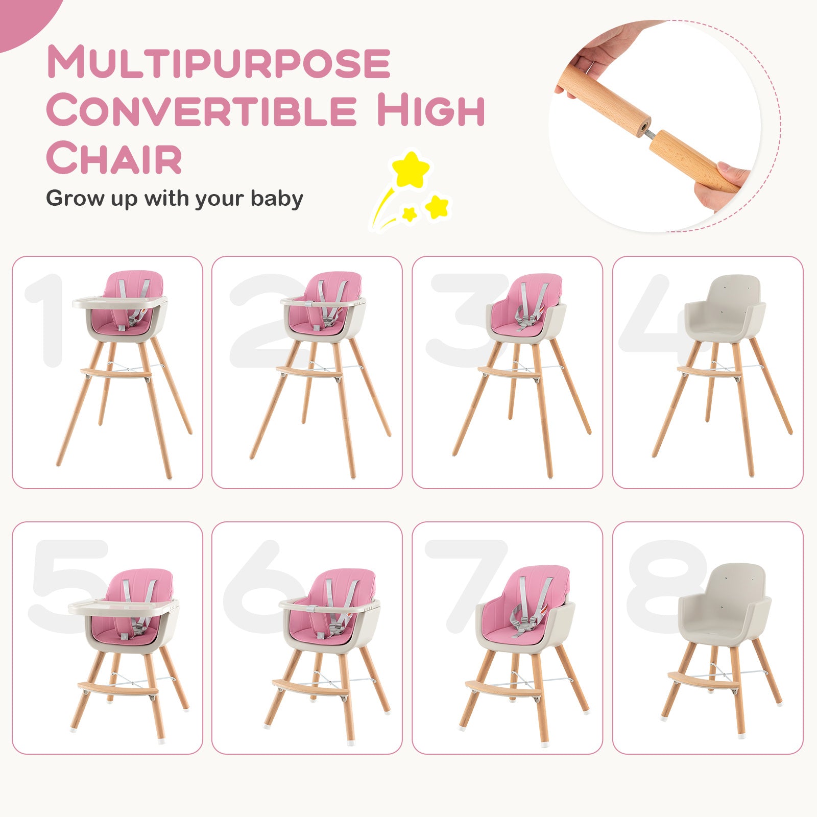 3-In-1 Convertible Wooden High Chair With Cushion, Pink High Chairs at Gallery Canada