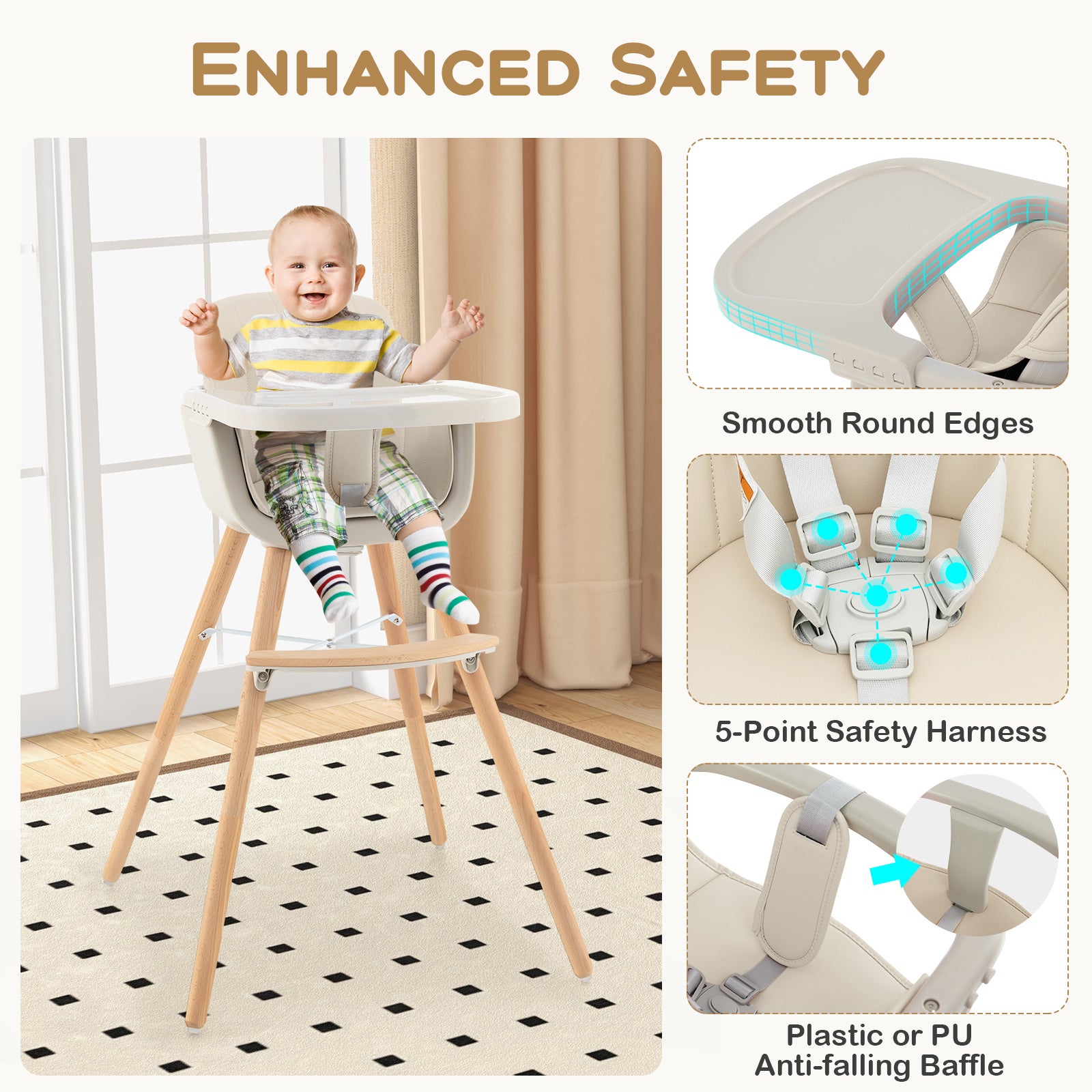 3-in-1 Convertible Wooden High Chair with Cushion, Beige High Chairs at Gallery Canada