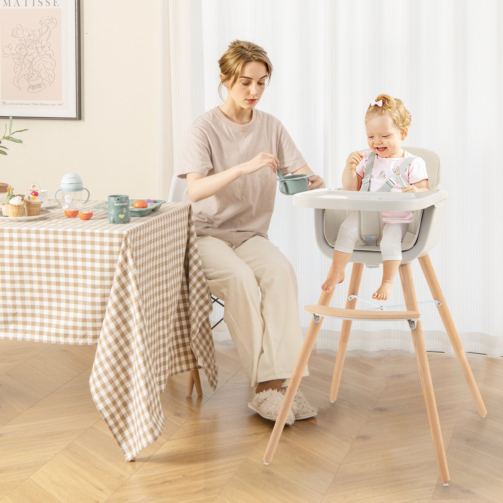 3-in-1 Convertible Wooden High Chair with Cushion, Beige High Chairs at Gallery Canada