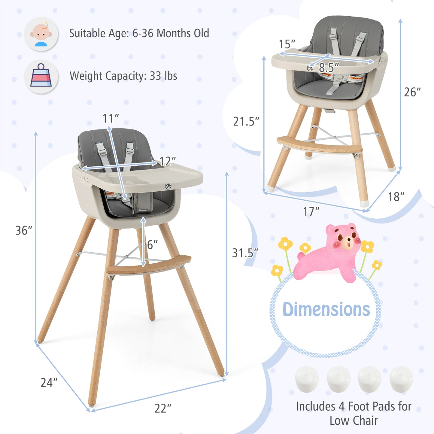 Convertible Wooden High Chair With Cushion, Light Gray High Chairs at Gallery Canada