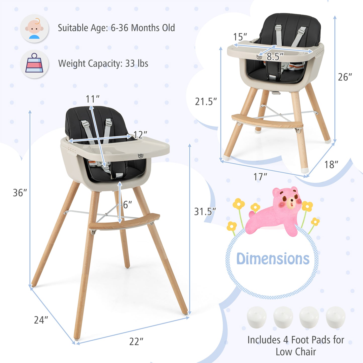 3-In-1 Convertible Wooden High Chair With Cushion, Black High Chairs at Gallery Canada