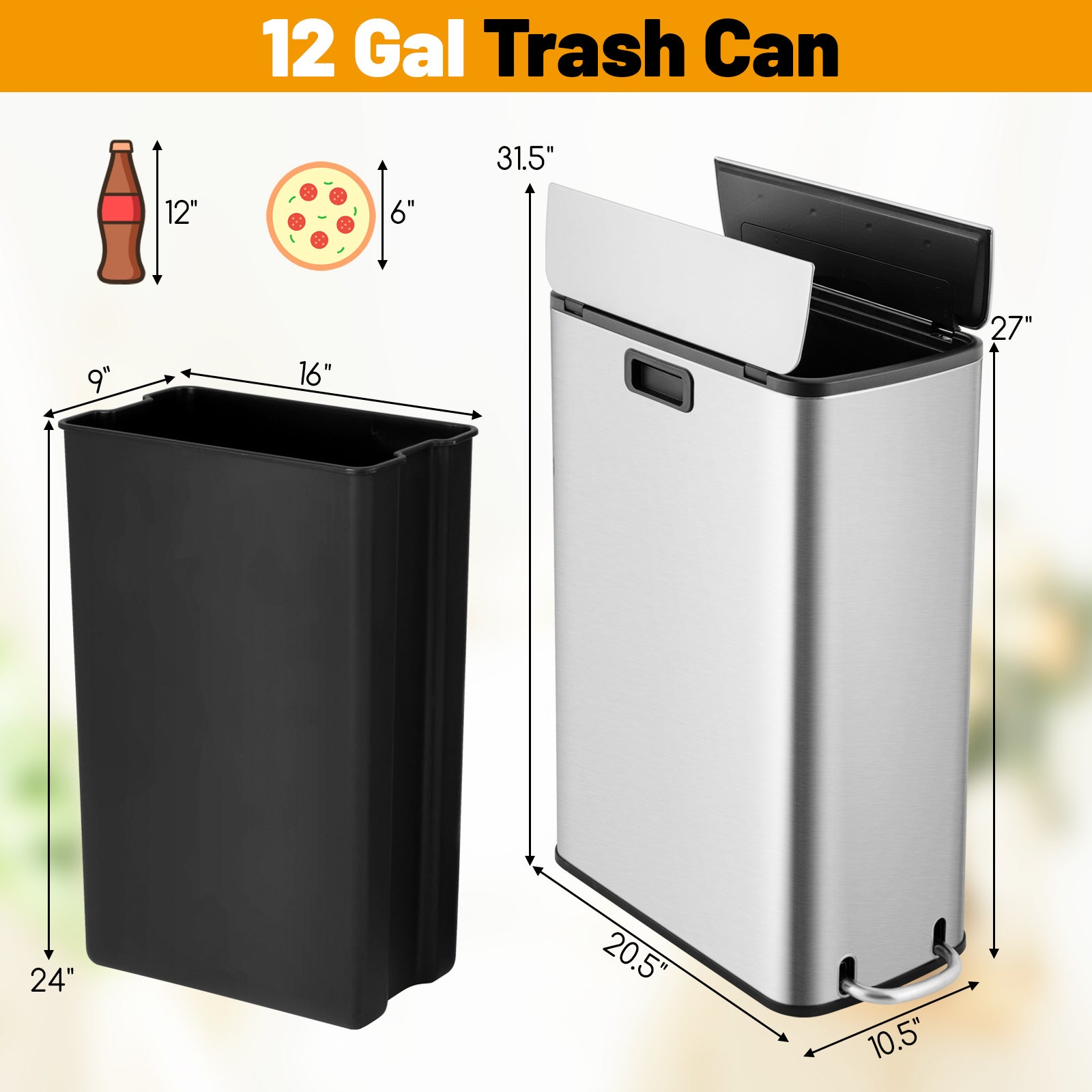 12 Gal Stainless Steel Trash Can, Soft-Closing Wing Lids, Silver Kitchen Utensils at Gallery Canada