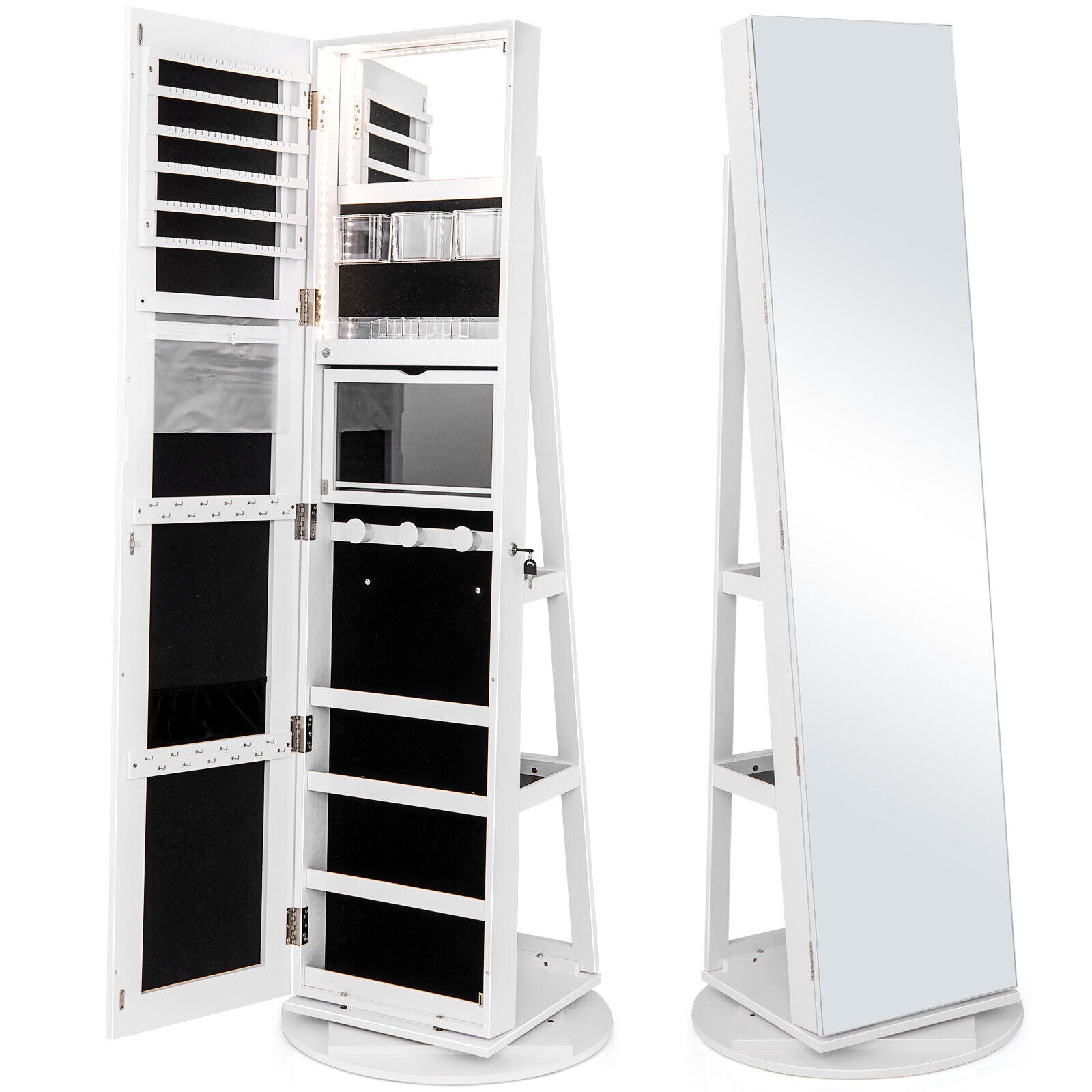 360° Rotating Mirrored Jewelry Cabinet, 3 Color LED Modes, Lockable, White Jewelry Armoires at Gallery Canada