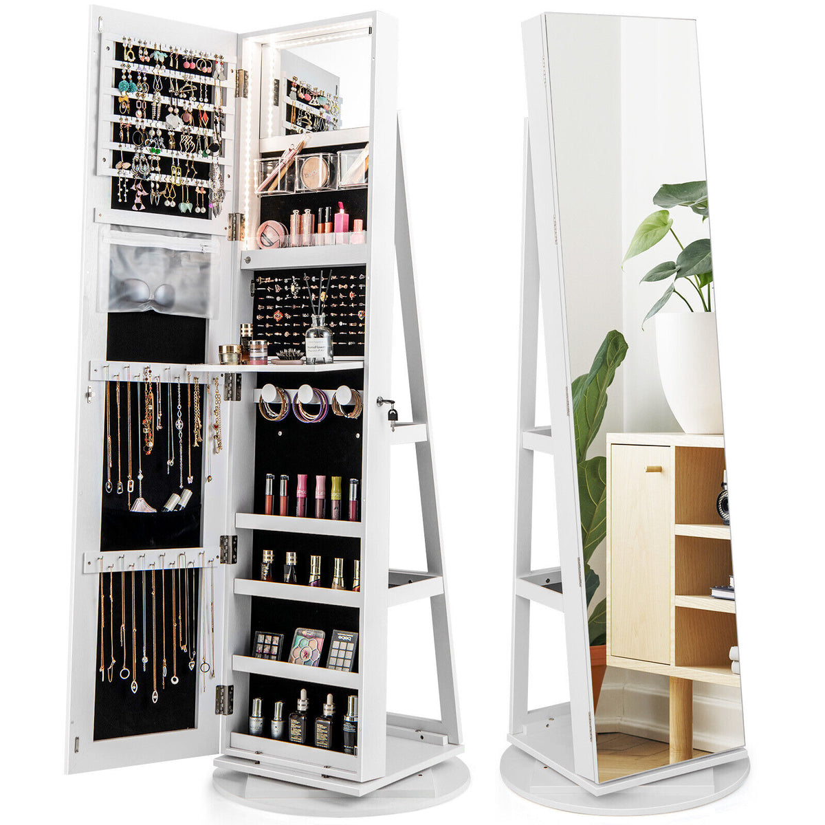 360° Rotating Mirrored Jewelry Cabinet, 3 Color LED Modes, Lockable, White Jewelry Armoires at Gallery Canada