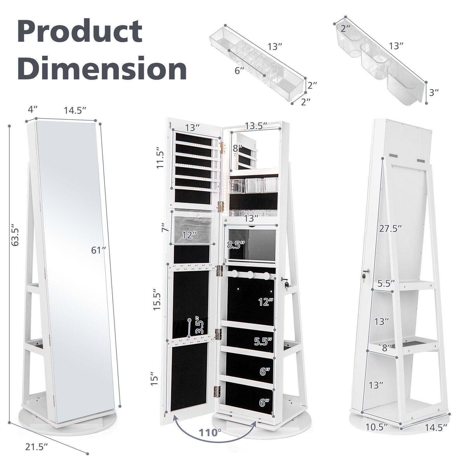 360° Rotating Mirrored Jewelry Cabinet, 3 Color LED Modes, Lockable, White Jewelry Armoires at Gallery Canada