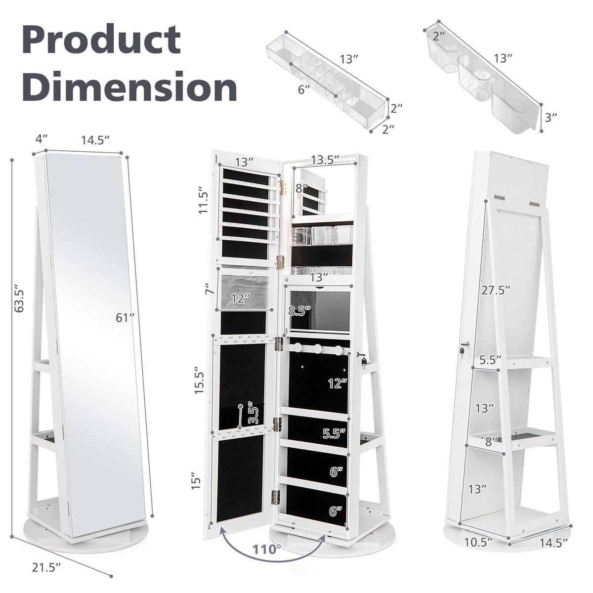 360° Rotating Mirrored Jewelry Cabinet, 3 Color LED Modes, Lockable, White Jewelry Armoires at Gallery Canada