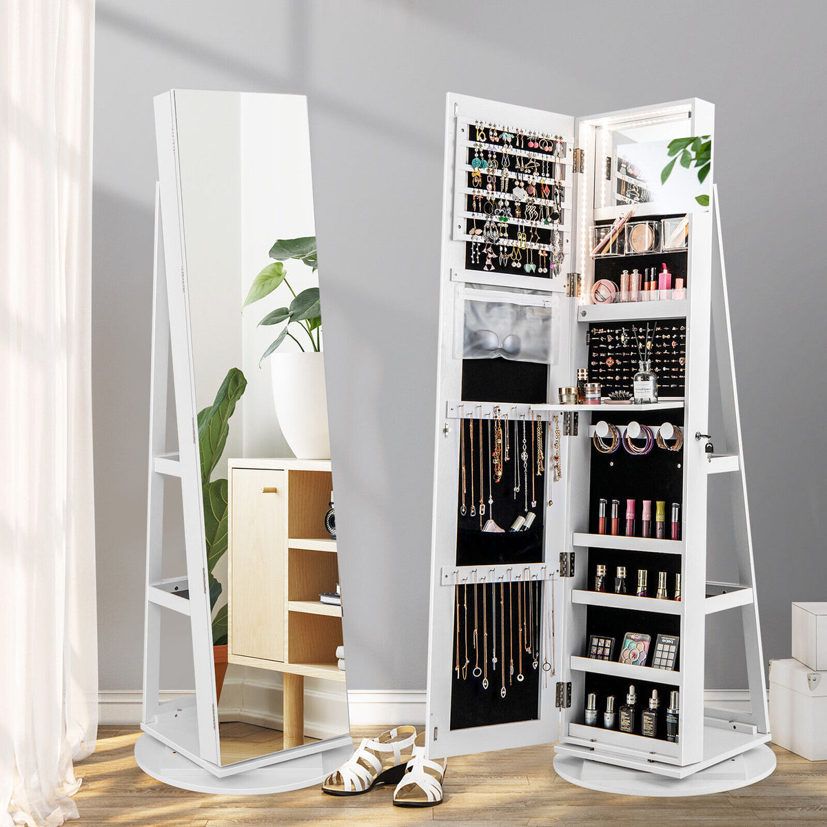 360° Rotating Mirrored Jewelry Cabinet, 3 Color LED Modes, Lockable, White Jewelry Armoires at Gallery Canada