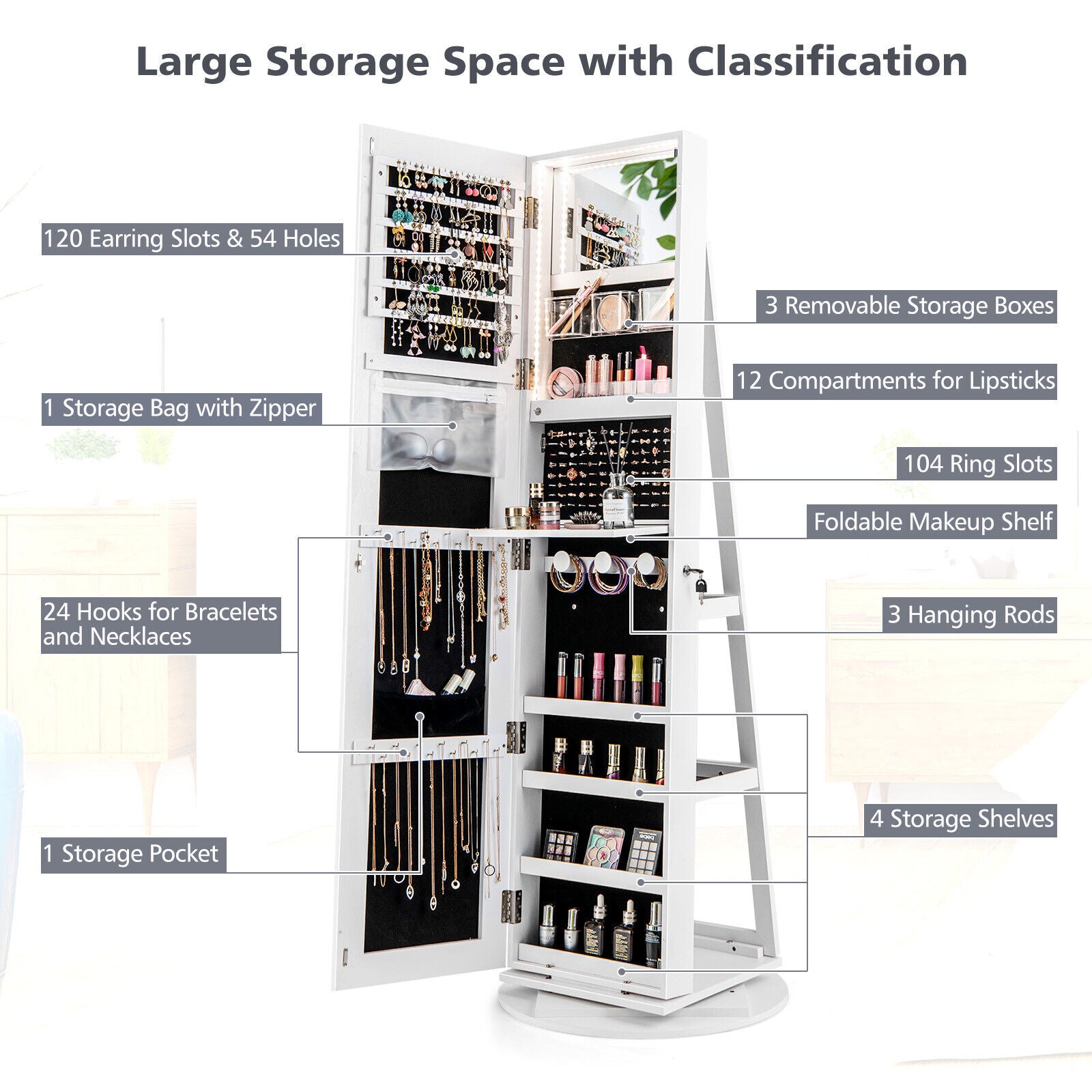 360° Rotating Mirrored Jewelry Cabinet, 3 Color LED Modes, Lockable, White Jewelry Armoires at Gallery Canada