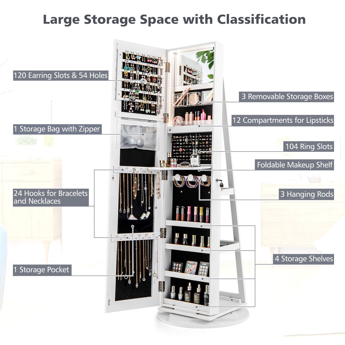 360° Rotating Mirrored Jewelry Cabinet, 3 Color LED Modes, Lockable, White Jewelry Armoires at Gallery Canada