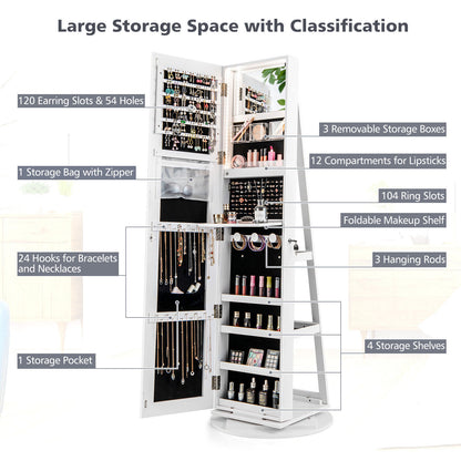 360° Rotating Mirrored Jewelry Cabinet, 3 Color LED Modes, Lockable, White Jewelry Armoires at Gallery Canada