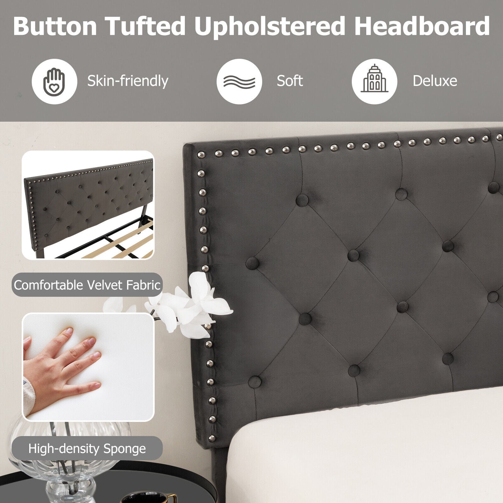 Queen Size Upholstered Platform Bed, Tufted Headboard, Gray Simple Bed Frame at Gallery Canada
