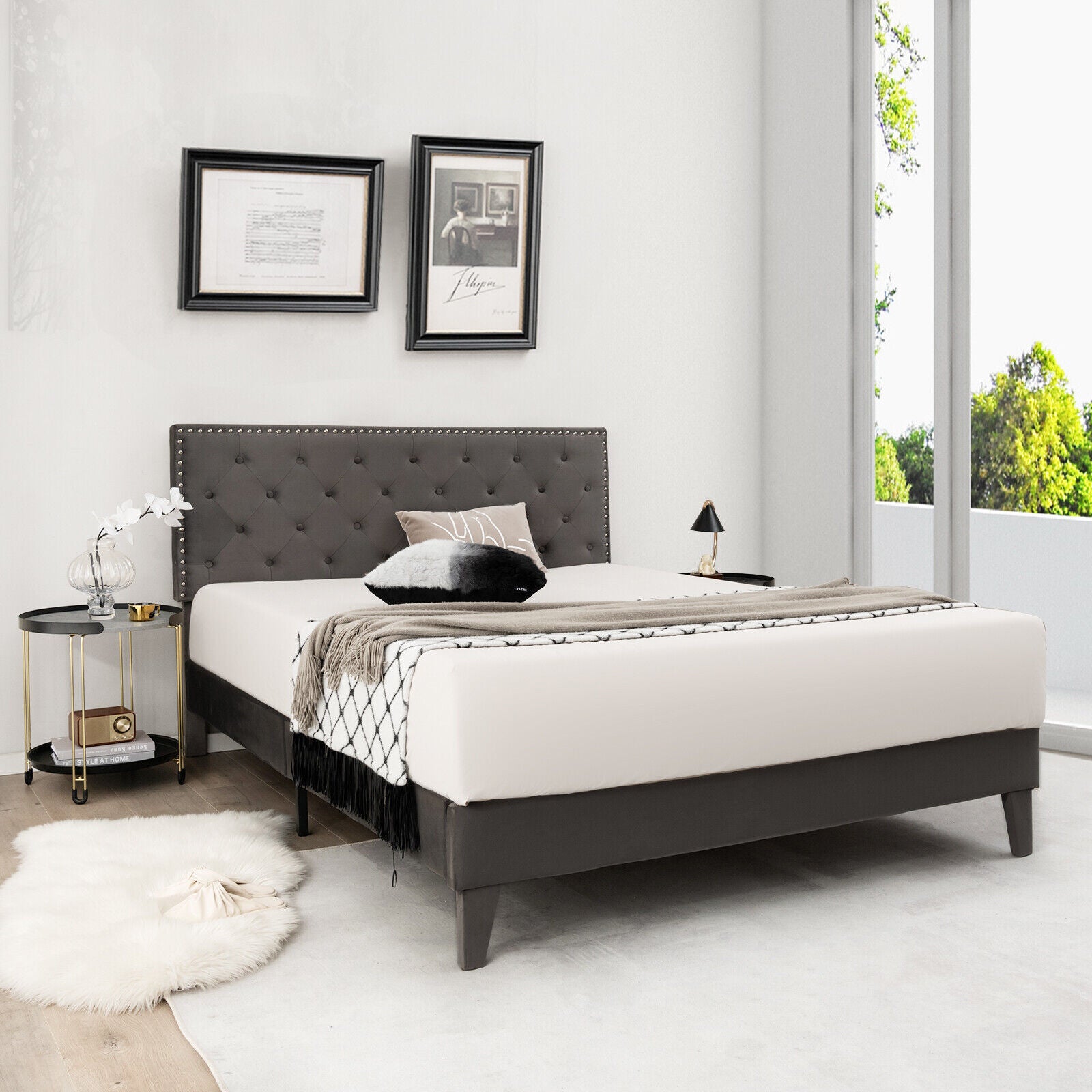 Queen Size Upholstered Platform Bed, Tufted Headboard, Gray Simple Bed Frame at Gallery Canada