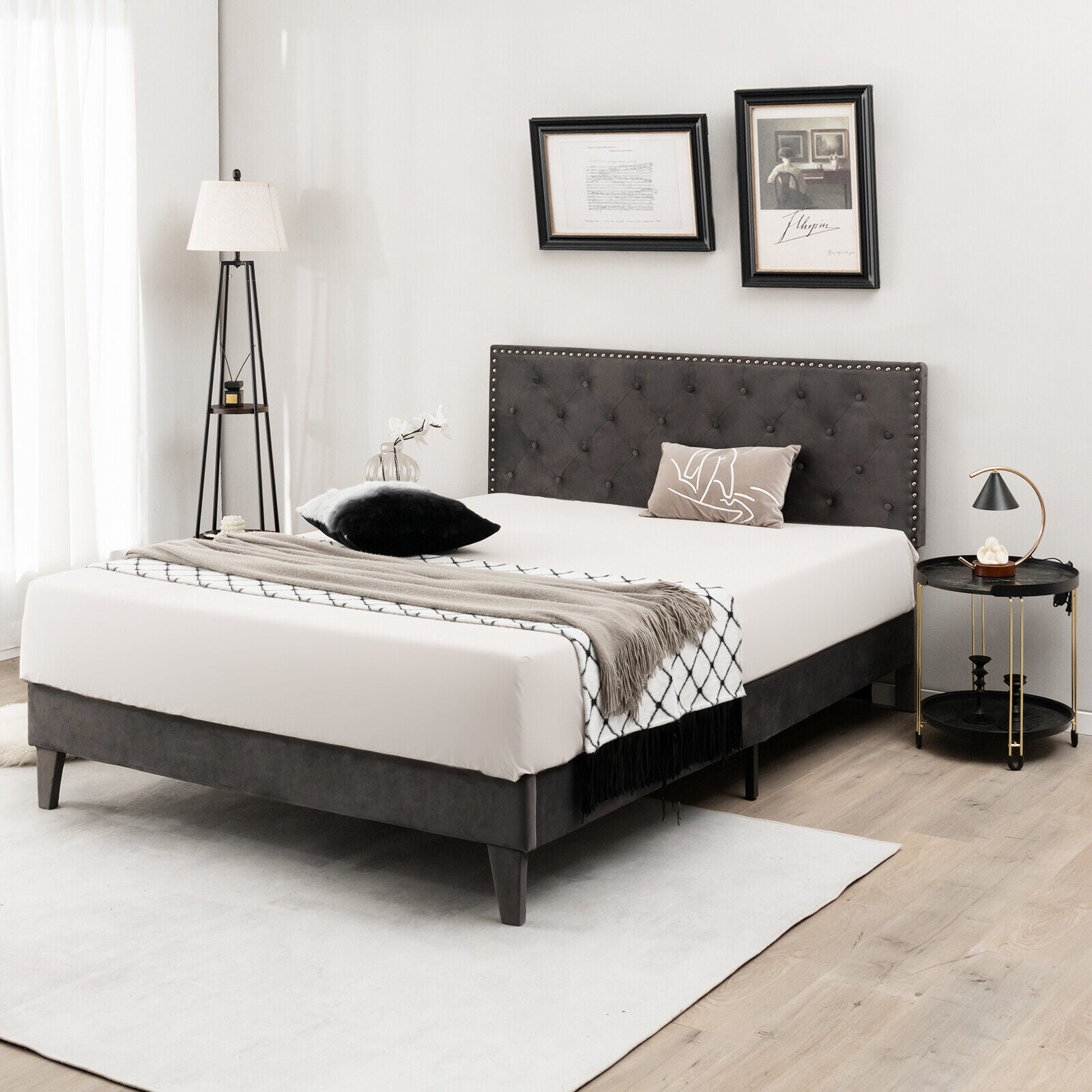 Queen Size Upholstered Platform Bed, Tufted Headboard, Gray Simple Bed Frame at Gallery Canada