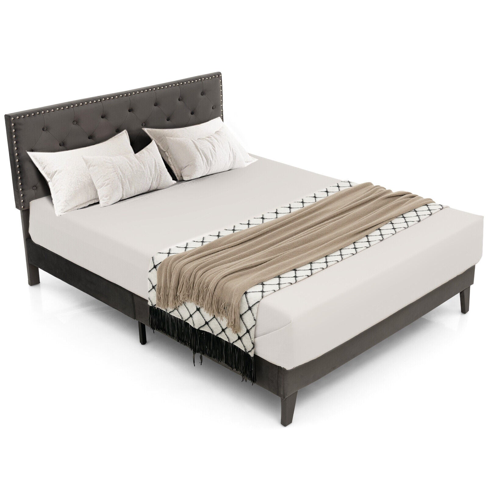 Queen Size Upholstered Platform Bed, Tufted Headboard, Gray Simple Bed Frame at Gallery Canada