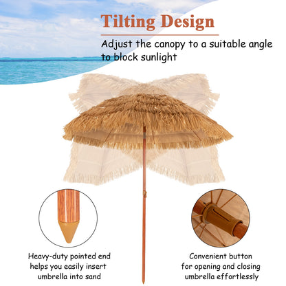 6.5 Feet Portable Thatched Tiki Beach Umbrella, Adjustable Tilt, Natural Outdoor Umbrellas at Gallery Canada