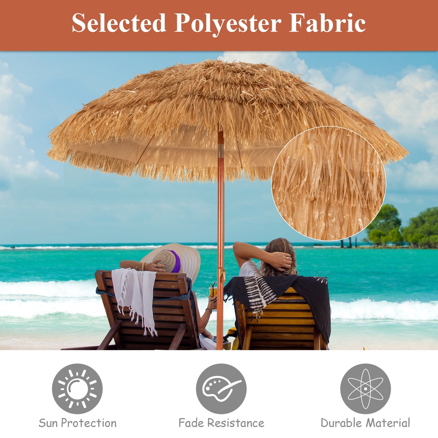 6.5 Feet Portable Thatched Tiki Beach Umbrella, Adjustable Tilt, Natural Outdoor Umbrellas at Gallery Canada
