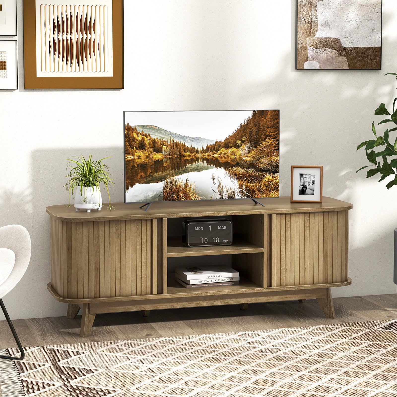 TV Stand For 55-Inch TV, Media Console Table, Dual Sliding Doors, Oak Entertainment Centers & TV Stands at Gallery Canada