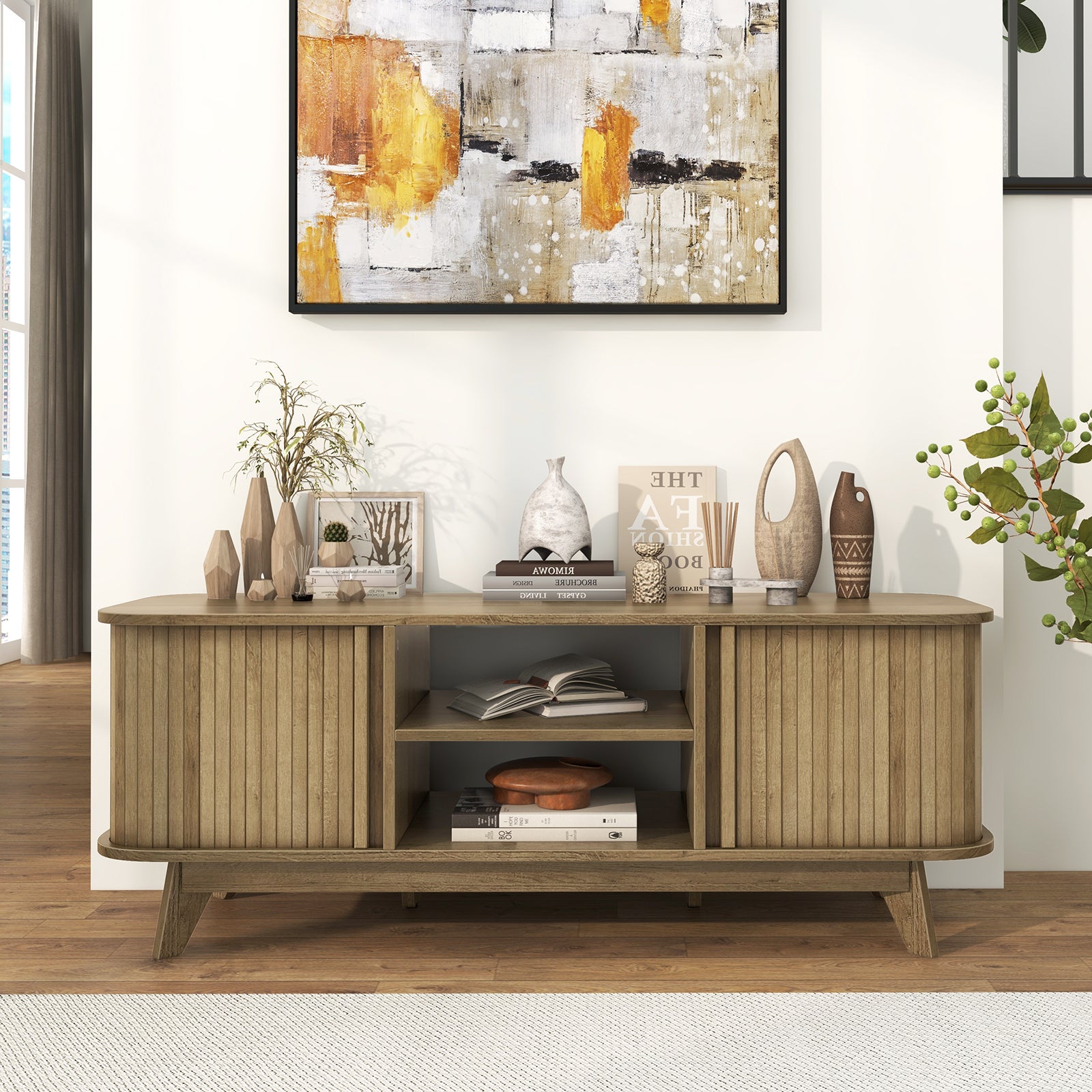 TV Stand For 55-Inch TV, Media Console Table, Dual Sliding Doors, Oak Entertainment Centers & TV Stands at Gallery Canada