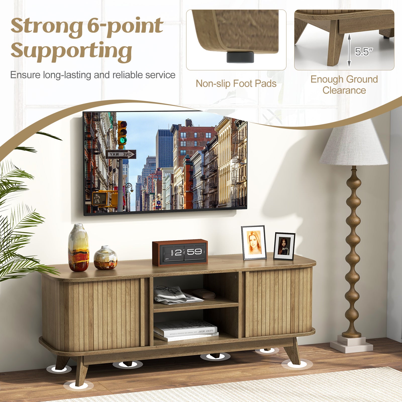 TV Stand For 55-Inch TV, Media Console Table, Dual Sliding Doors, Oak Entertainment Centers & TV Stands at Gallery Canada