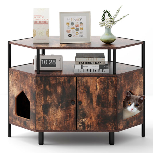 Corner Cat Litter Box Enclosure, 2 Entrances, Open Shelf, Rustic Brown Cat Houses Rustic Brown at Gallery Canada