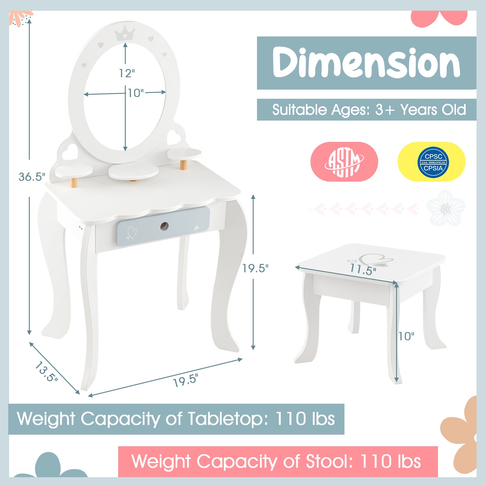Kids Princess Makeup Table And Chair Set, White Kids Vanities at Gallery Canada