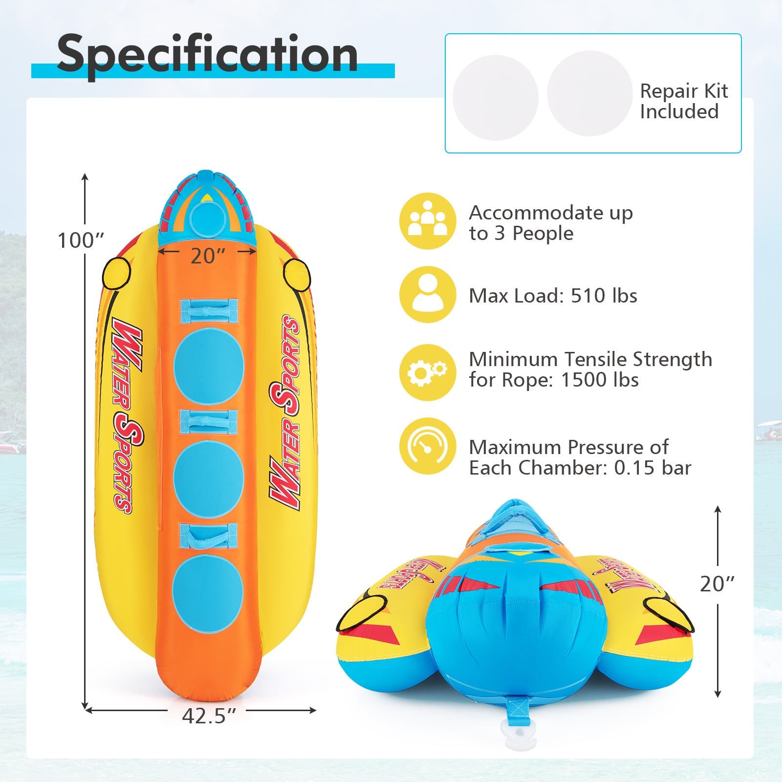 3-Person Inflatable Banana Boat, EVA-Padded Seats, Orange Water Sports at Gallery Canada