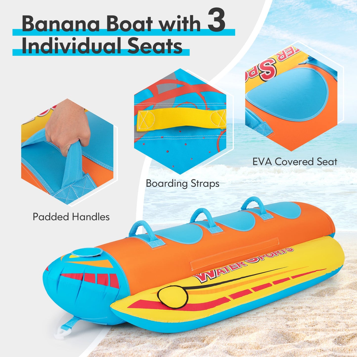 3-Person Inflatable Banana Boat, EVA-Padded Seats, Orange Water Sports at Gallery Canada