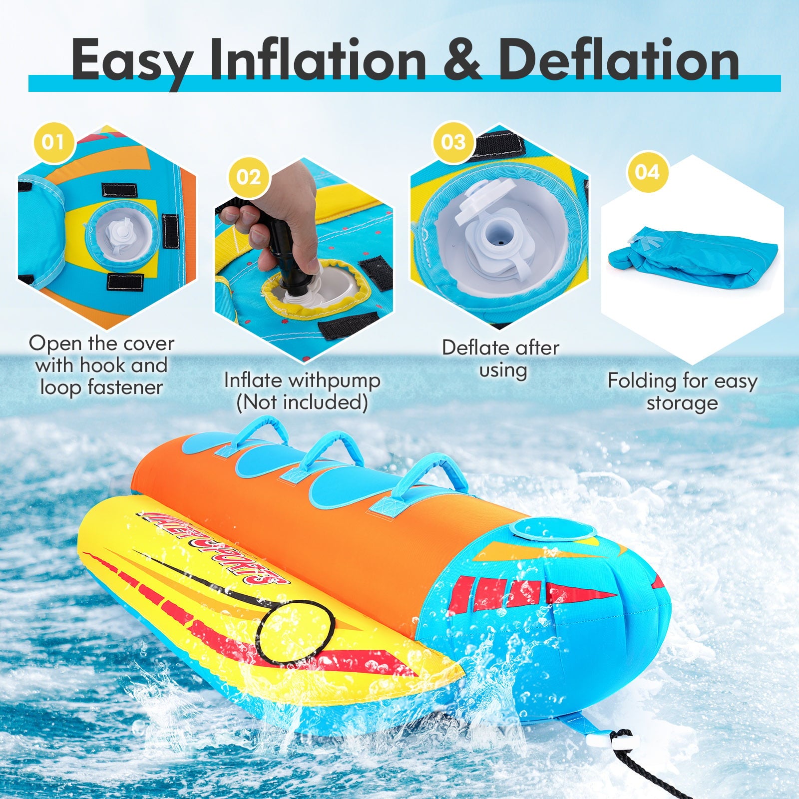 3-Person Inflatable Banana Boat, EVA-Padded Seats, Orange Water Sports at Gallery Canada