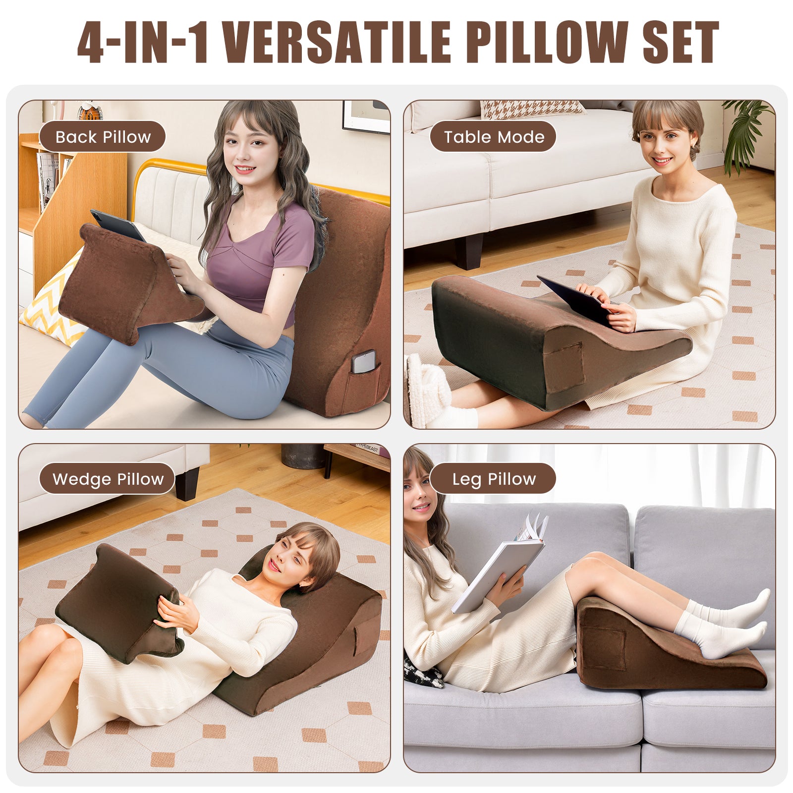 Bed Wedge Pillow With Tablet Stand, Side Pockets, Brown Bedding at Gallery Canada