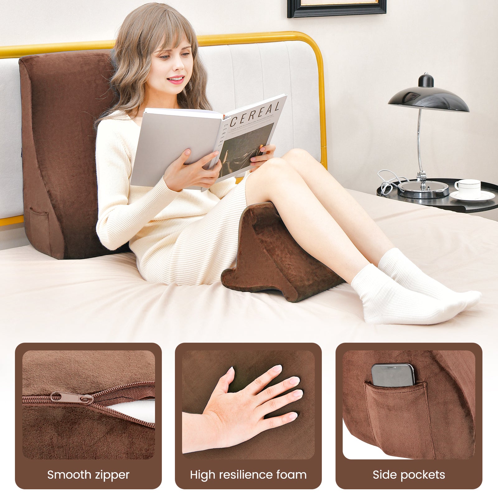 Bed Wedge Pillow With Tablet Stand, Side Pockets, Brown Bedding at Gallery Canada