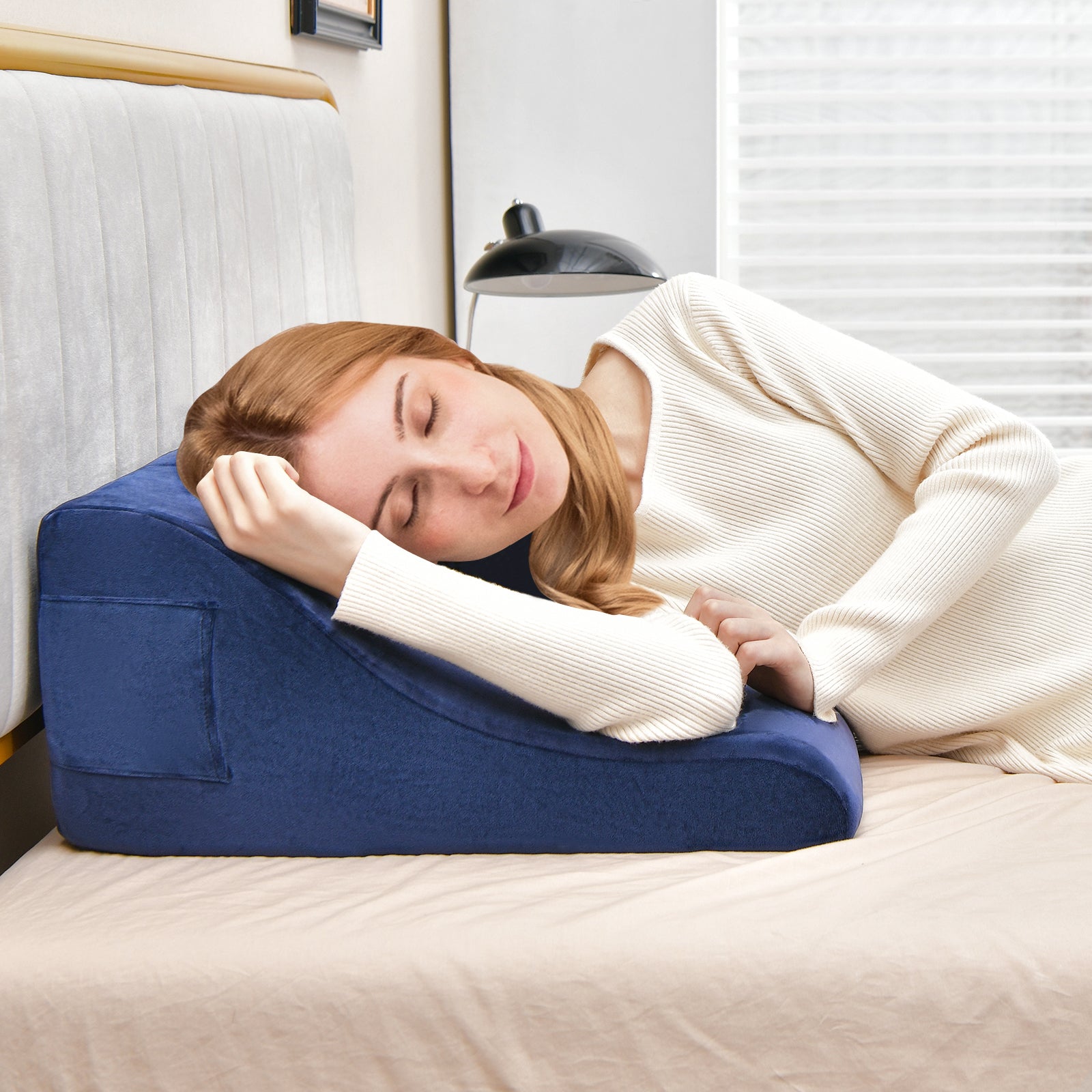 Bed Wedge Pillow With Tablet Stand, Side Pockets, Navy Bedding at Gallery Canada