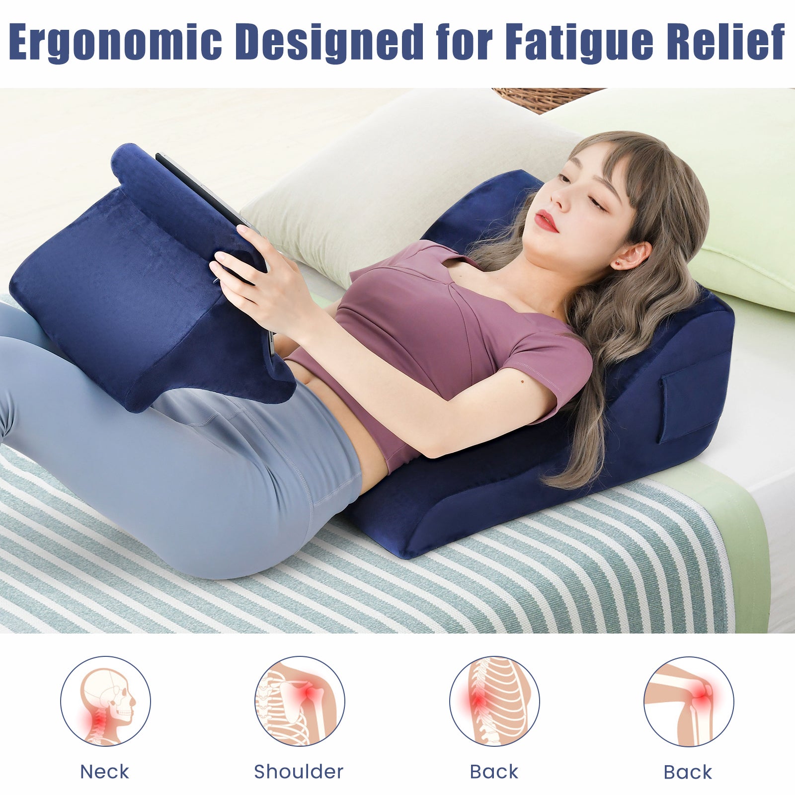 Bed Wedge Pillow With Tablet Stand, Side Pockets, Navy Bedding at Gallery Canada
