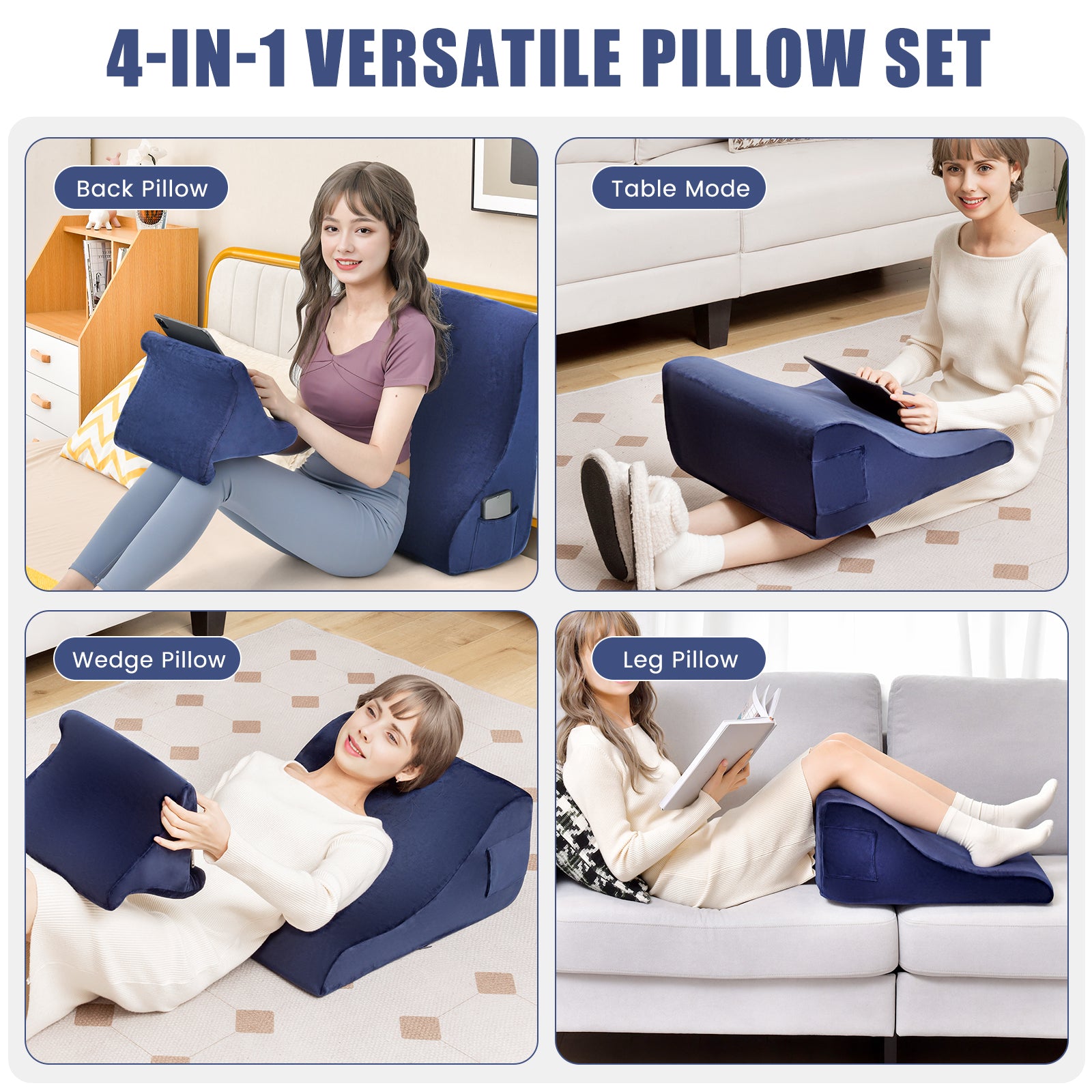 Bed Wedge Pillow With Tablet Stand, Side Pockets, Navy Bedding at Gallery Canada