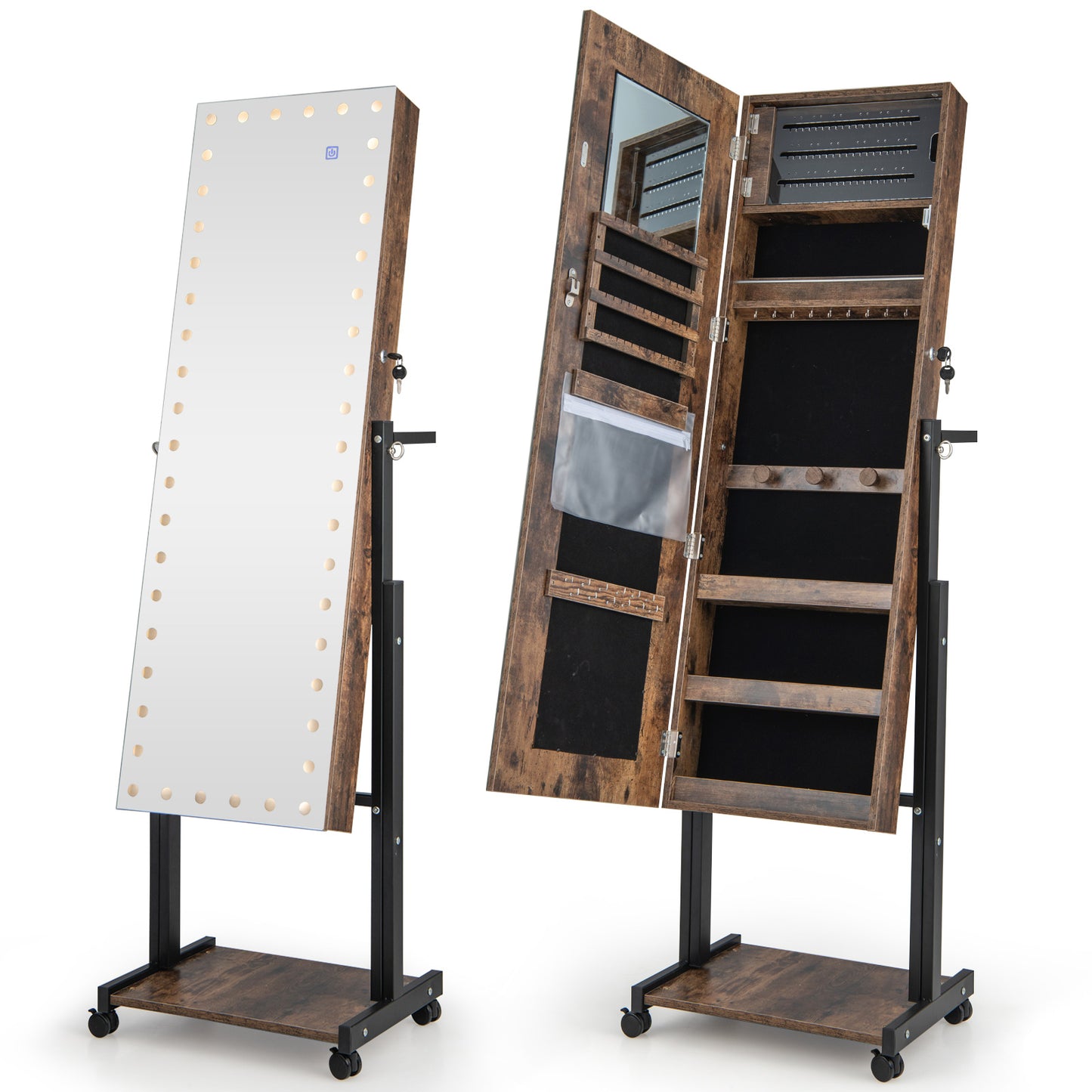 46 LED Mirror Jewelry Cabinet, Adjustable Height, Brown Jewelry Armoires at Gallery Canada