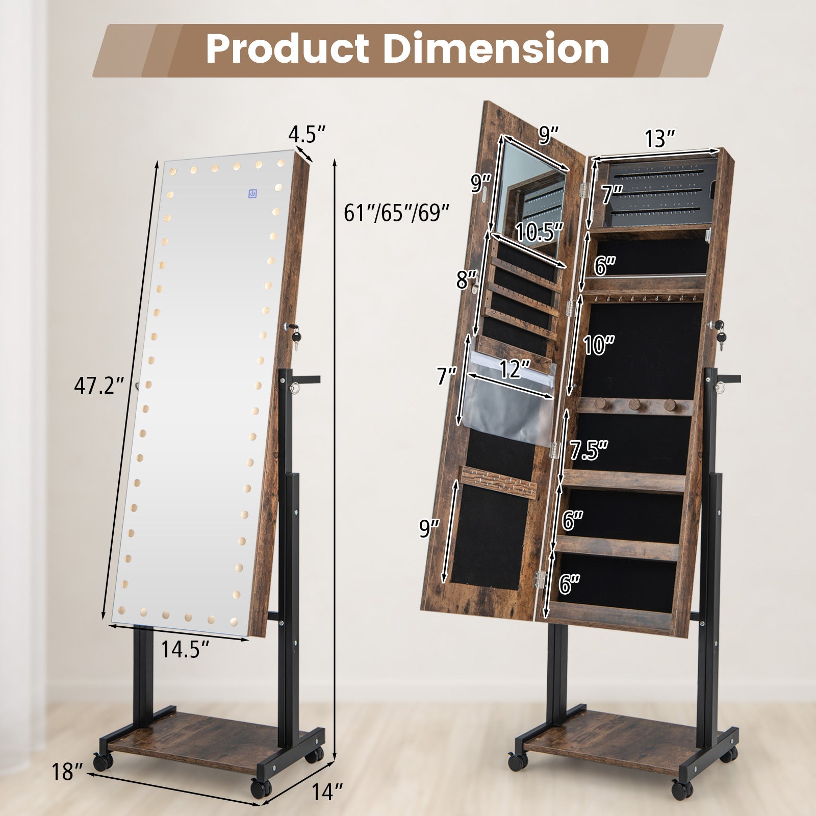 46 LED Mirror Jewelry Cabinet, Adjustable Height, Brown Jewelry Armoires at Gallery Canada