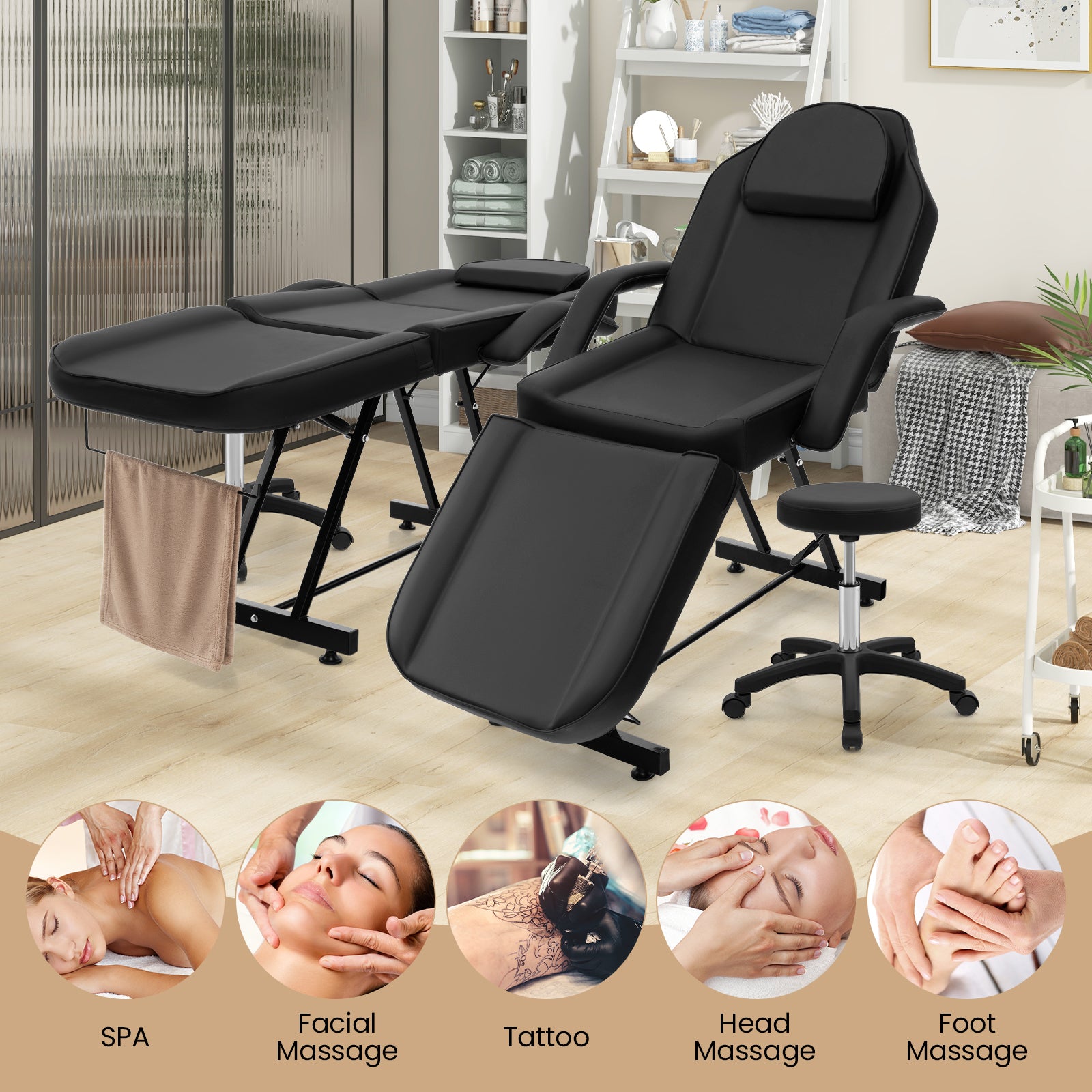 73 Inch Facial Chair Set, Removable Headrest, Detachable Armrests, Black Spa & Salon at Gallery Canada