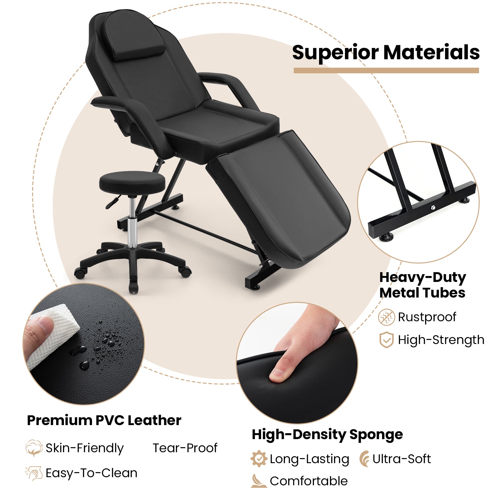 73 Inch Facial Chair Set, Removable Headrest, Detachable Armrests, Black Spa & Salon at Gallery Canada