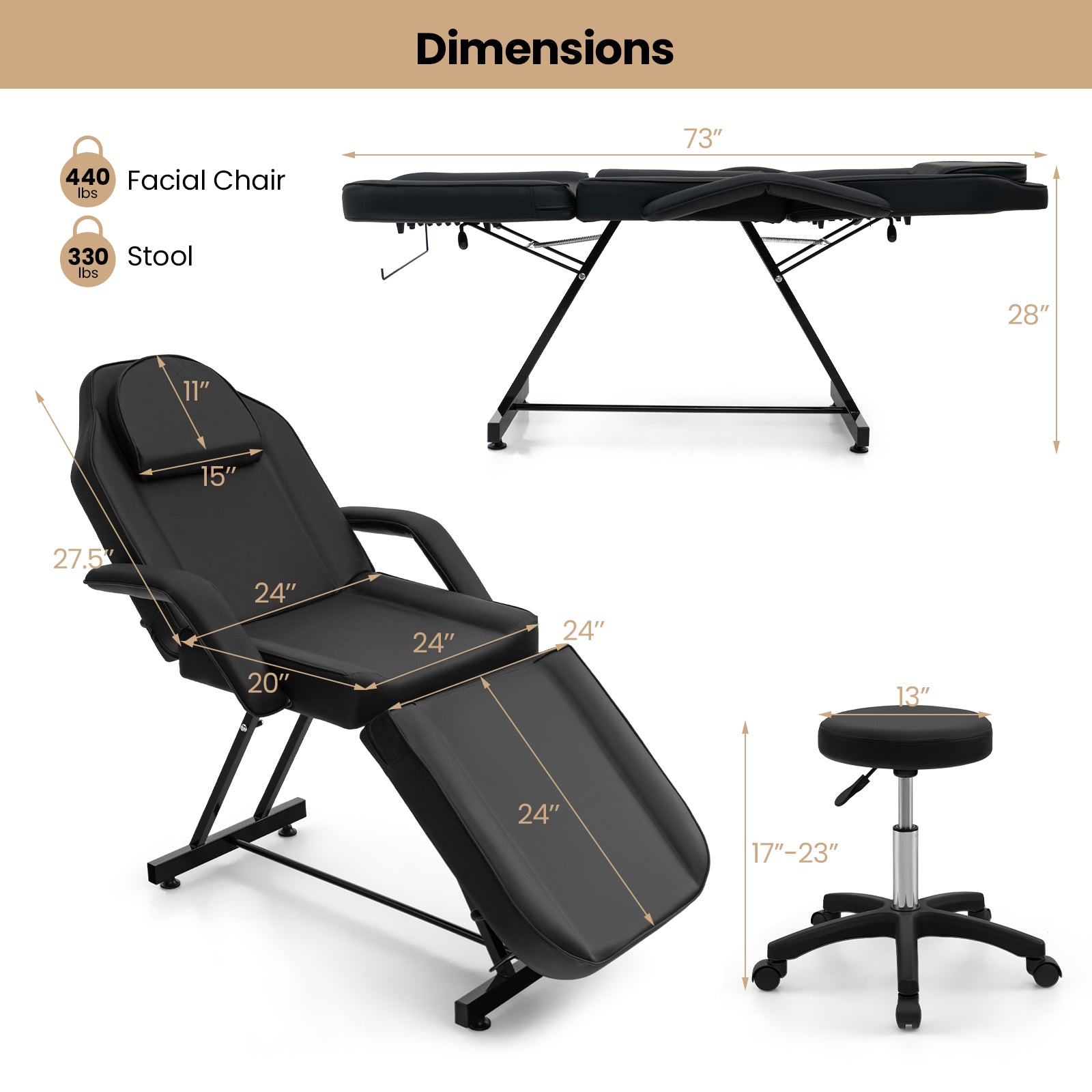 73 Inch Facial Chair Set, Removable Headrest, Detachable Armrests, Black Spa & Salon at Gallery Canada