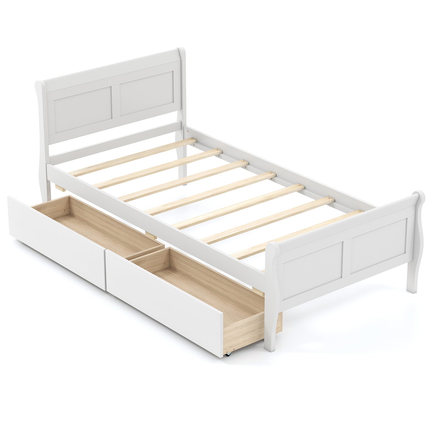Twin Size Sleigh Bed, 2 Storage Drawers, Wood Platform Frame, White Simple Bed Frame at Gallery Canada