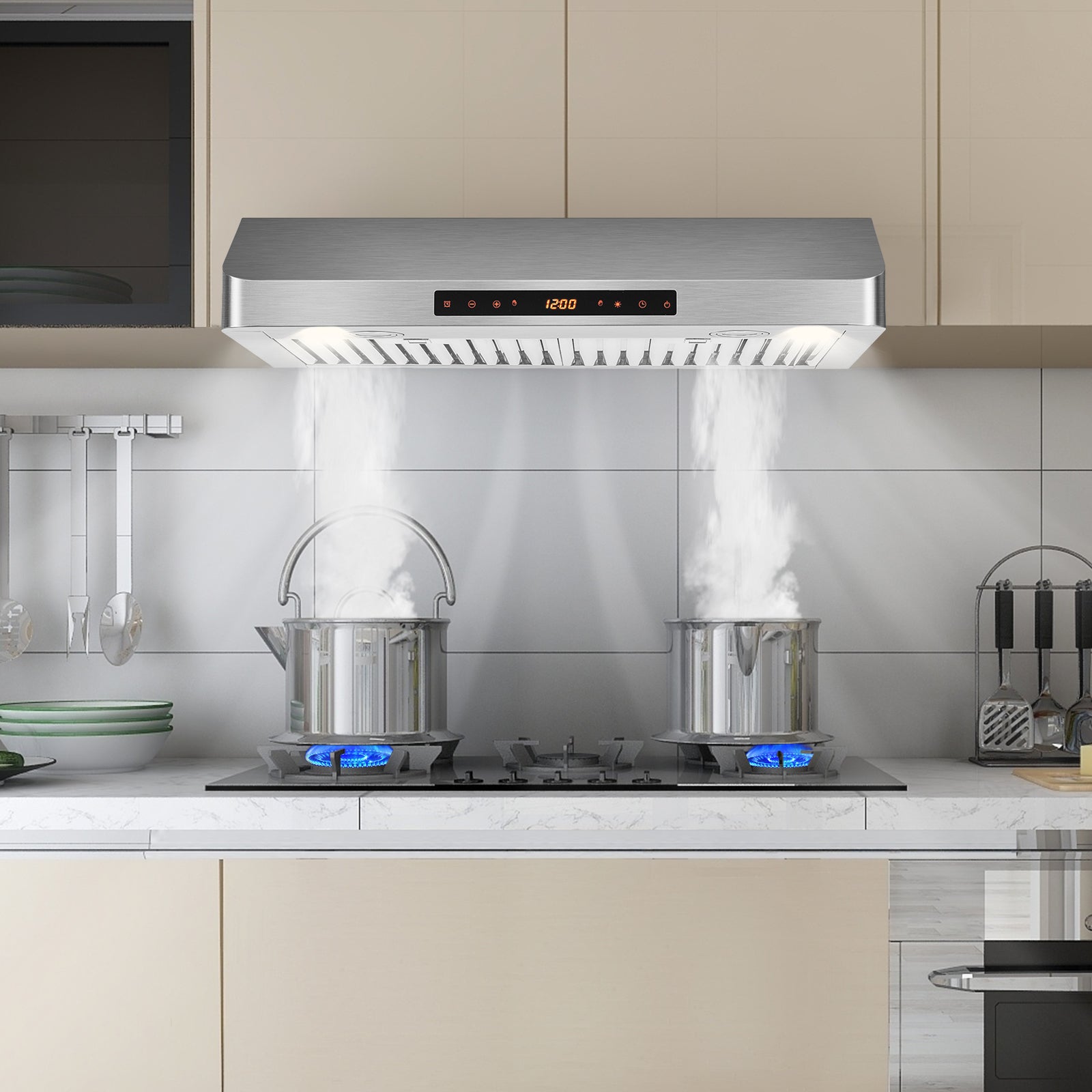 35.5/29.5 Inch Under Cabinet Range Hood, 900 CFM Kitchen Vent, 4 Fan Speed, Silver Kitchen Appliances at Gallery Canada