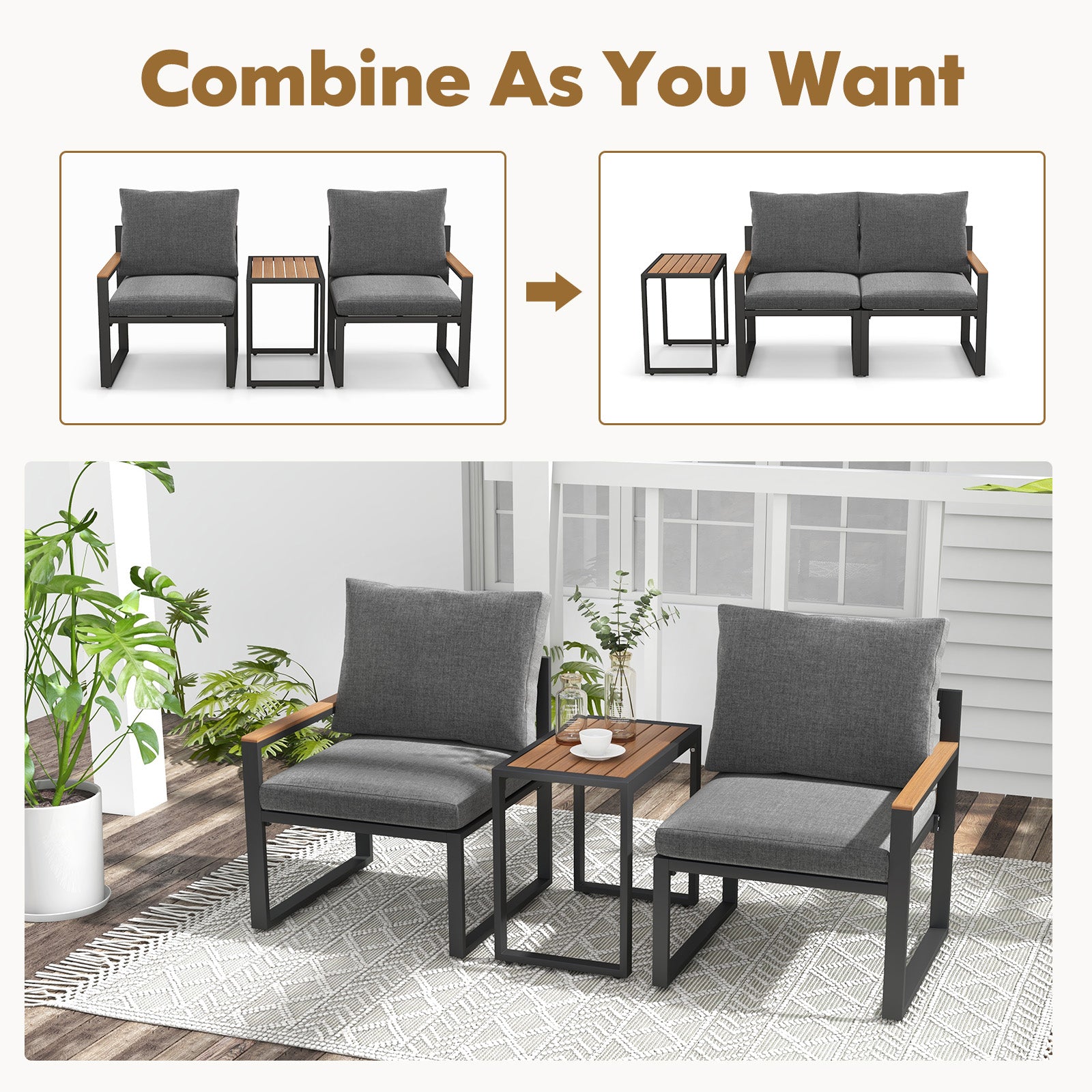 3-Piece Aluminum Frame Outdoor Conversation Set, Weatherproof Cushions, Gray Patio Conversation Sets at Gallery Canada