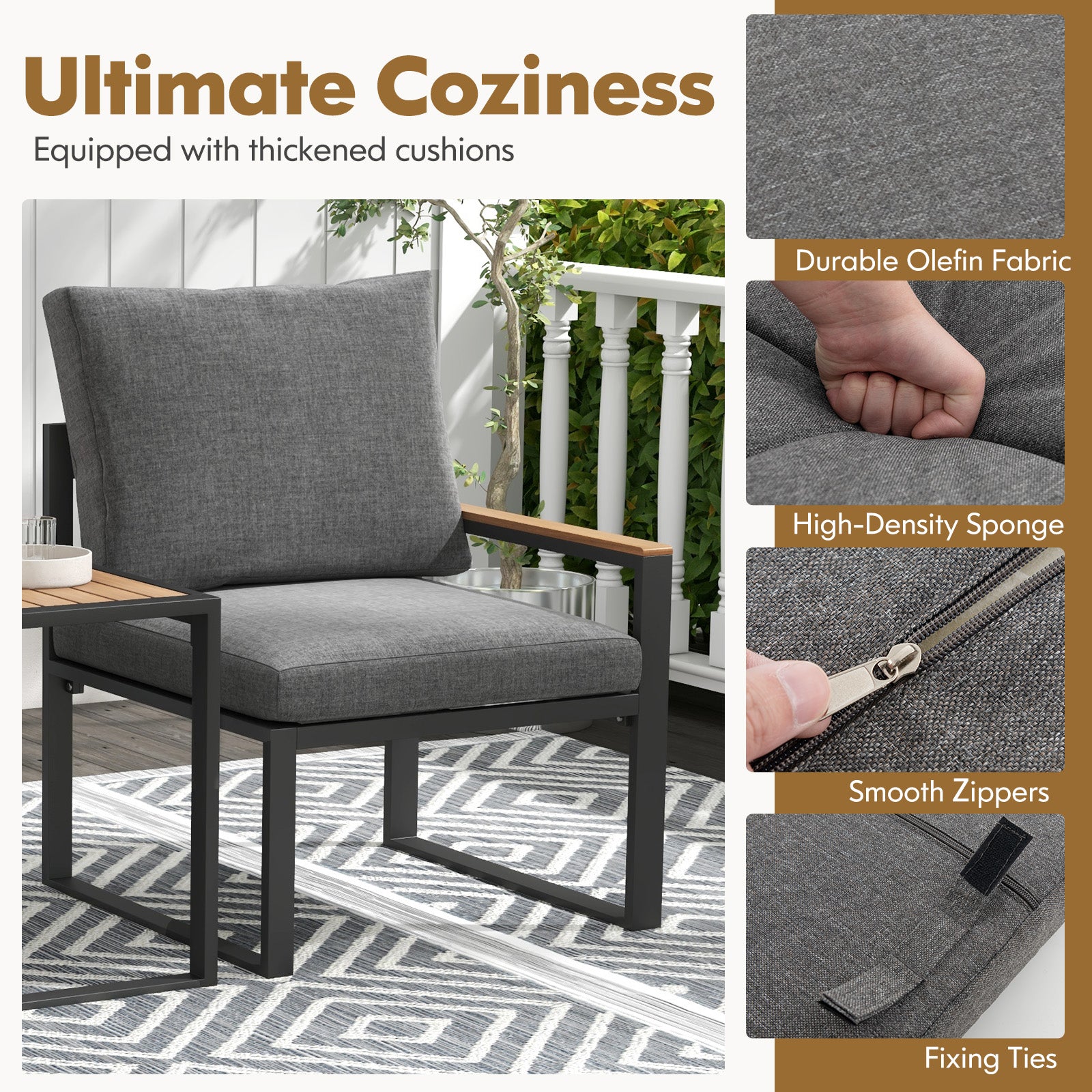 3-Piece Aluminum Frame Outdoor Conversation Set, Weatherproof Cushions, Gray Patio Conversation Sets at Gallery Canada
