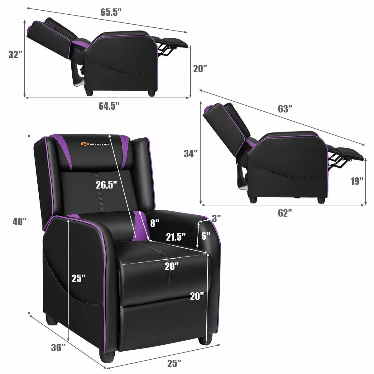 Massage Gaming Recliner Chair, Purple Gaming Chairs at Gallery Canada