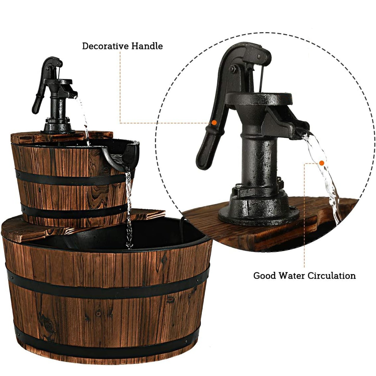 2-Tiers Outdoor Wooden Barrel Waterfall Fountain with Pump, Brown Outdoor Decor at Gallery Canada