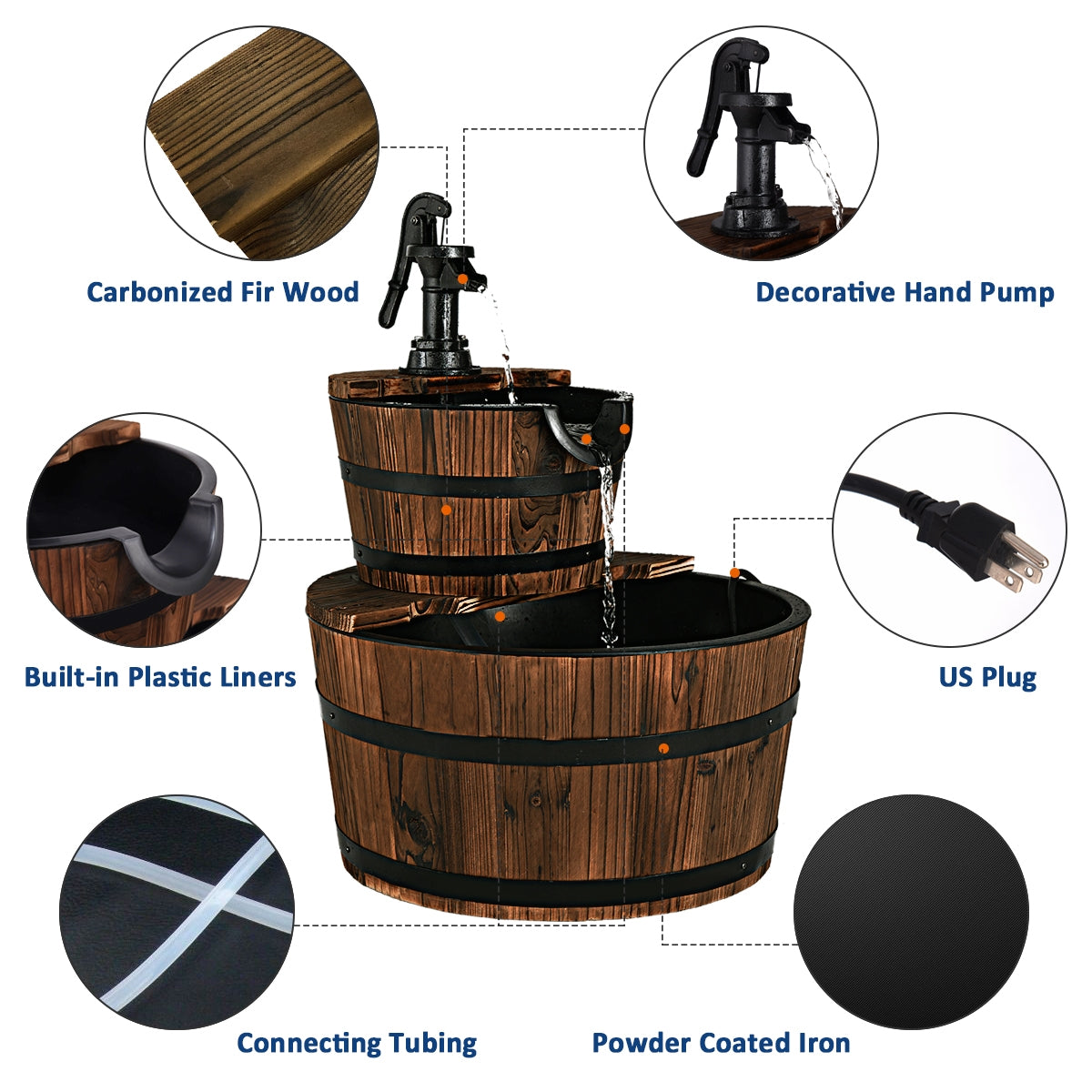 2-Tiers Outdoor Wooden Barrel Waterfall Fountain with Pump, Brown Outdoor Decor at Gallery Canada