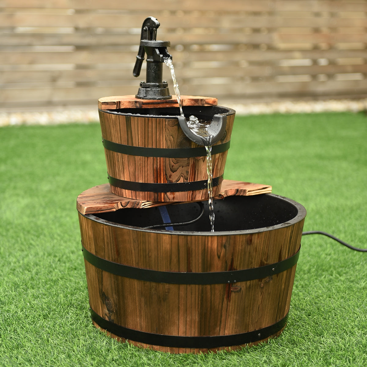 2-Tiers Outdoor Wooden Barrel Waterfall Fountain with Pump, Brown Outdoor Decor at Gallery Canada