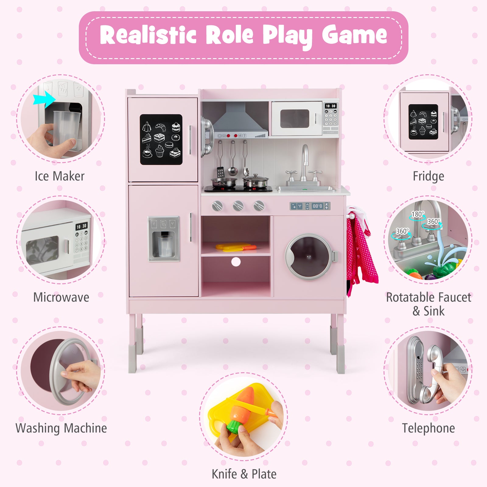 Kids Wooden Pretend Play Kitchen, 16 Pieces Accessories, Pink Play Kitchen Sets at Gallery Canada